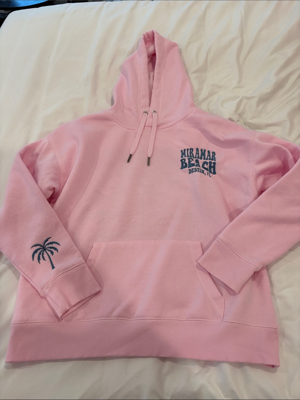 Ocean Drive Pink Hoodie with Blue Palm and Text